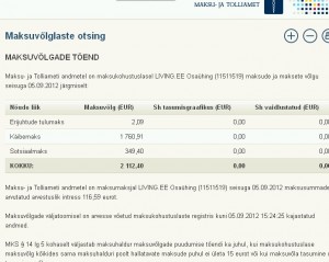 Living.ee osaühing maksuvõlg 5.09.2012 seisuga on 1 760€ käibemaksu ja 349€ sotsiaalamaksu.