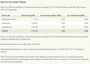 Livingshop OÜ (11511519) maksuvõlg juuli 2013 seisuga