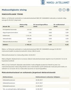 Maksukohustuslasel ÄKK OÜ (14044828) on seisuga 01.09.2017 maksuvõlg 1 769,52 eurot ja maksusummadelt arvutatud arvestuslik intress 248,53 eurot.